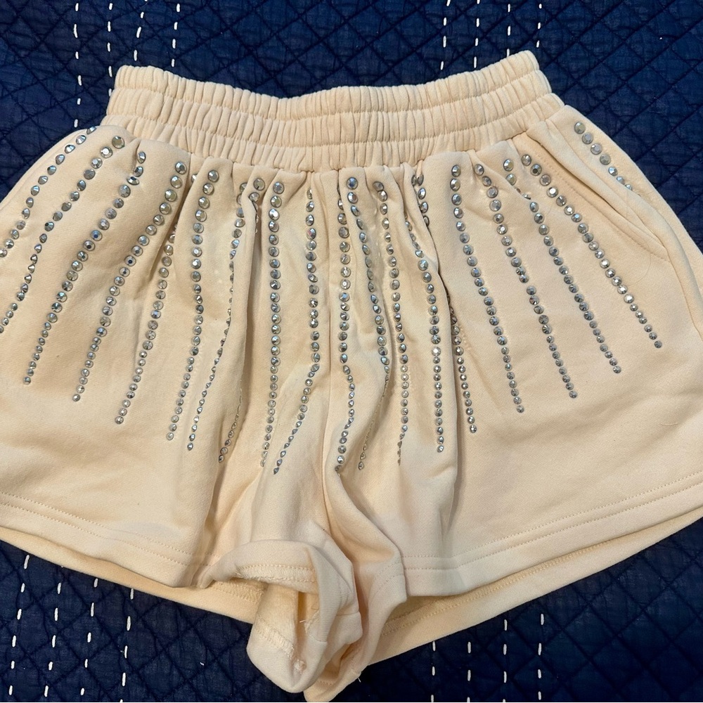 QUEEN OF SPARKLES Cream Shorts with Silver Embellishments